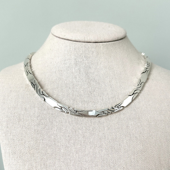Vintage CII Mexico 925 Sterling Silver Heavy Bar Pattern Link Collar Necklace - Picture 4 of 12